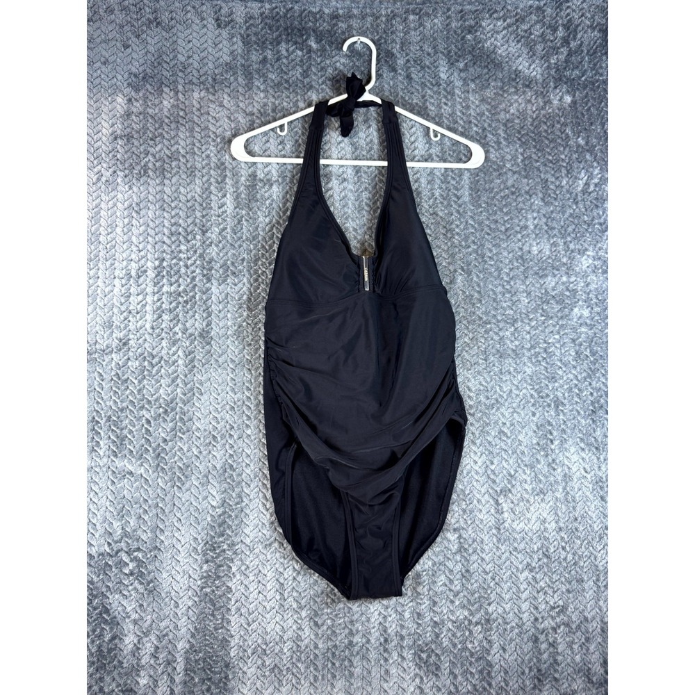 Calvin Klein One Piece Swimsuit Womens 8 Black Logo Lined Stretch Halter Neck